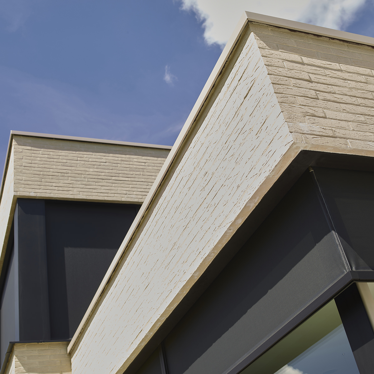 Close-up Photo of a New Building Equipped with Renson Fixscreen Sun Protection